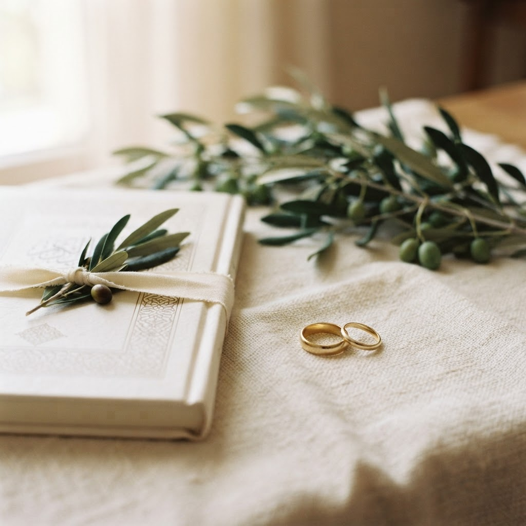 Simple wedding rings beside a Nikah document