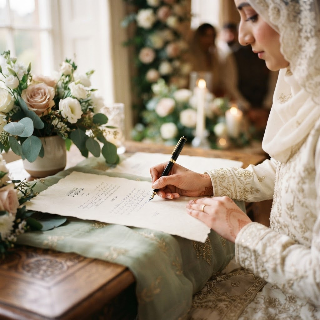 Hands signing a Nikah document with a fountain pen
