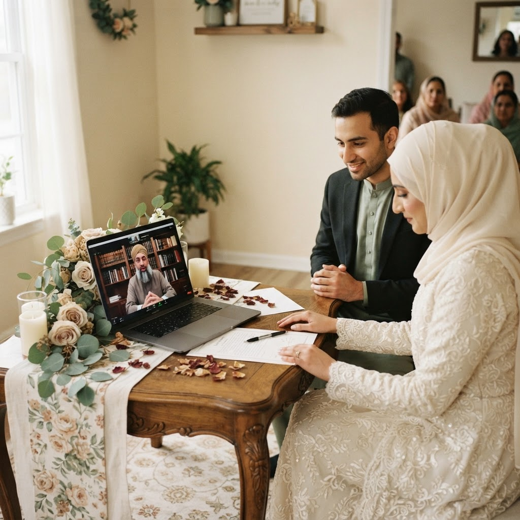A remote Nikah ceremony coordinated over a laptop video call